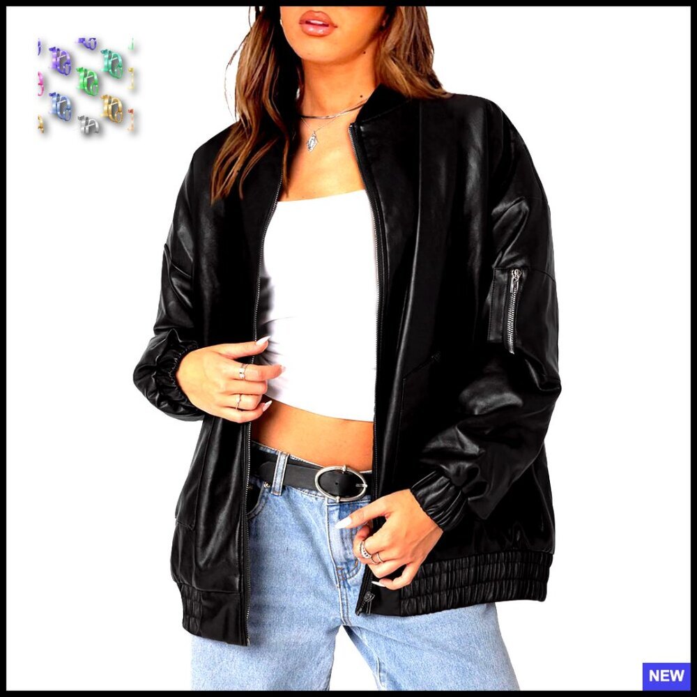Oversized Faux Leather Bomber Jacket Motorcycle Style Zip Up Chic